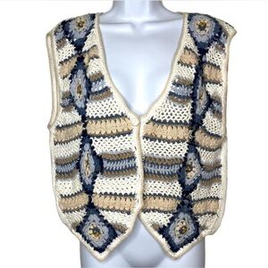 VINTAGE 90s Boho Western Granny Crochet Beaded Knit Sweater Cardigan Vest Sz M